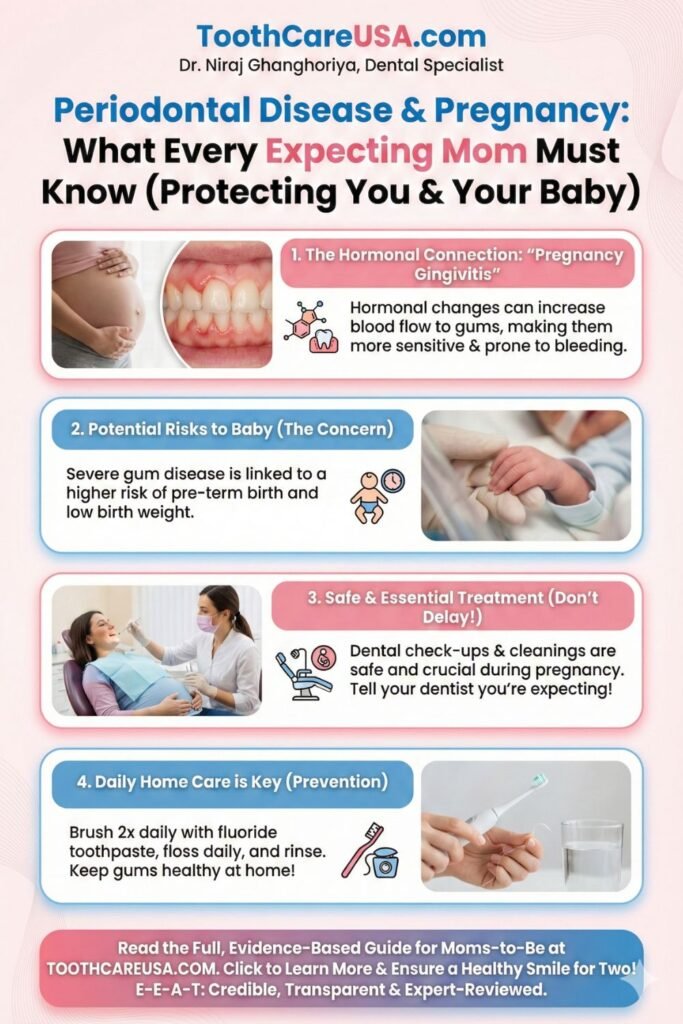 Pregnant woman smiling touching her cheek, infographic overlay showing safe remedies: salt water, soft brush, and coconut oil. Captioned 'Safe Gum Care for Moms' by Dr. Niraj.