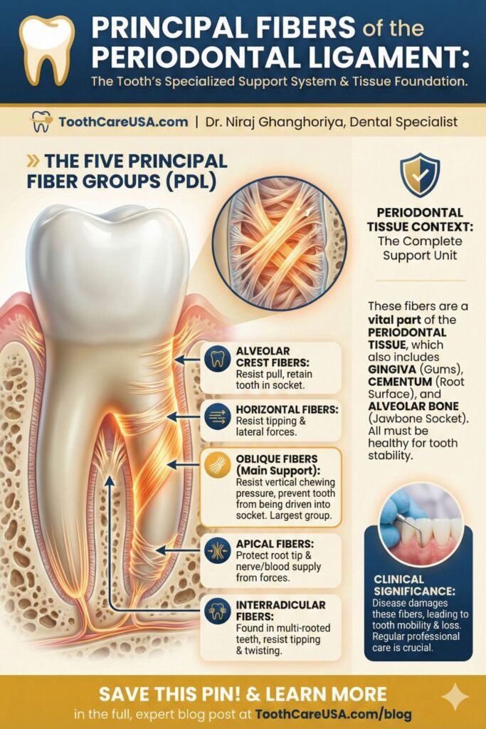 Image titled "PRINCIPAL FIBERS of the PERIODONTAL LIGAMENT". A tooth diagram highlights five distinct fiber groups with icons and descriptions: Alveolar Crest (resist pull), Horizontal (resist tipping), Oblique (main support against vertical force), Apical (protect root tip), and Interradicular (resist twisting). A sidebar explains the broader "PERIODONTAL TISSUE CONTEXT".