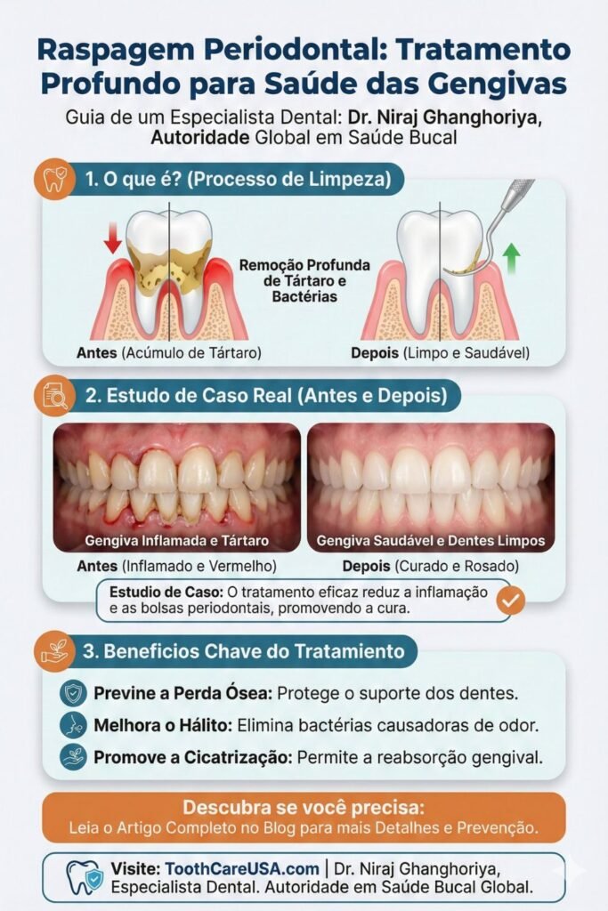 Infográfico em português mostrando o processo de raspagem periodontal para remover tártaro subgengival da raiz do dente.