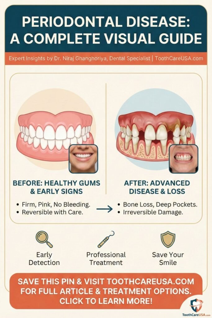 A vertical feature pin for ToothCareUSA.com titled "Periodontal Disease: Symptoms, Stages & Causes." The infographic illustrates the progression of gum disease from Healthy Gums to Gingivitis and Advanced Periodontitis. It highlights key visual symptoms like red swollen gums and bone loss. Branding includes Dr. Niraj Ghanghoriya, Dental Specialist.