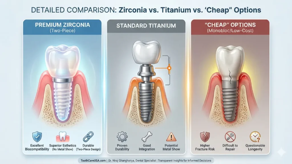 A realistic 3-panel dental illustration comparing: 1. Premium Zirconia (Two-Piece) with excellent biocompatibility and no metal show. 2. Standard Titanium showing potential grey metal visibility at the gum line. 3. "Cheap" Monobloc Options showing a visible ceramic fracture line and inflamed gums.