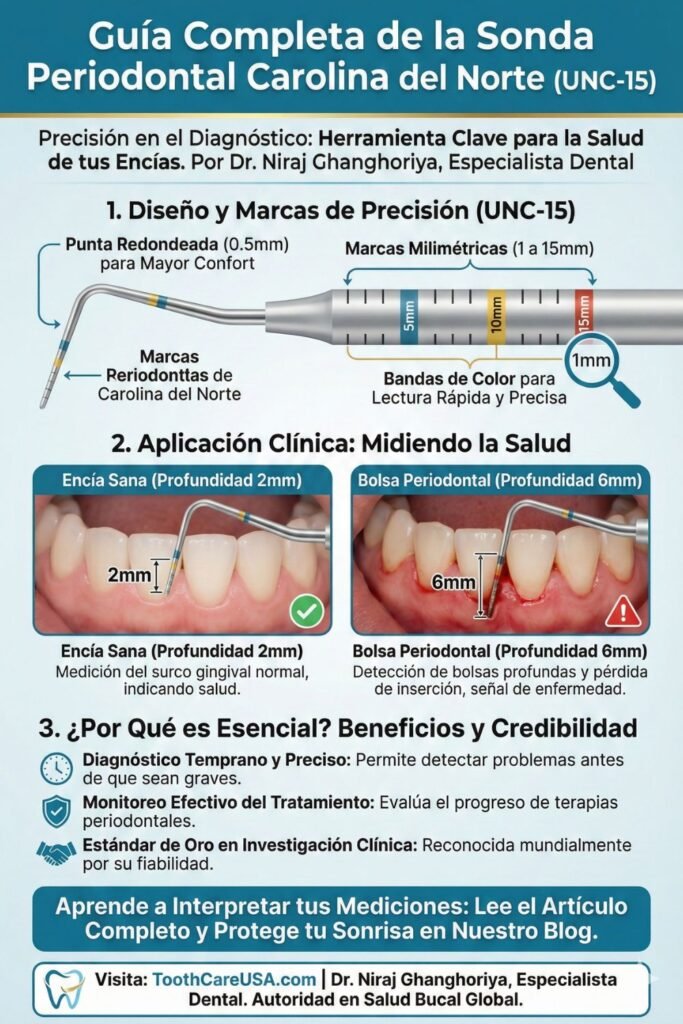 Primer plano de una sonda periodontal Carolina del Norte midiendo la profundidad de la encía con marcas milimétricas precisas.