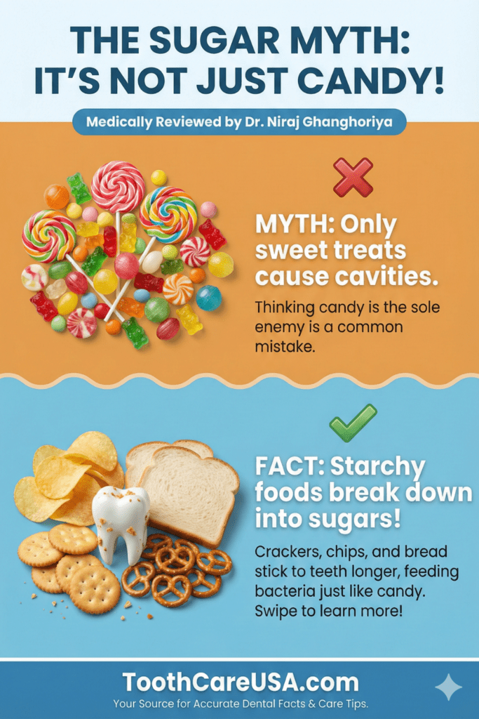 Comparison graphic showing crackers, chips, and bread sticking to teeth and causing tooth decay similar to sugary candy.