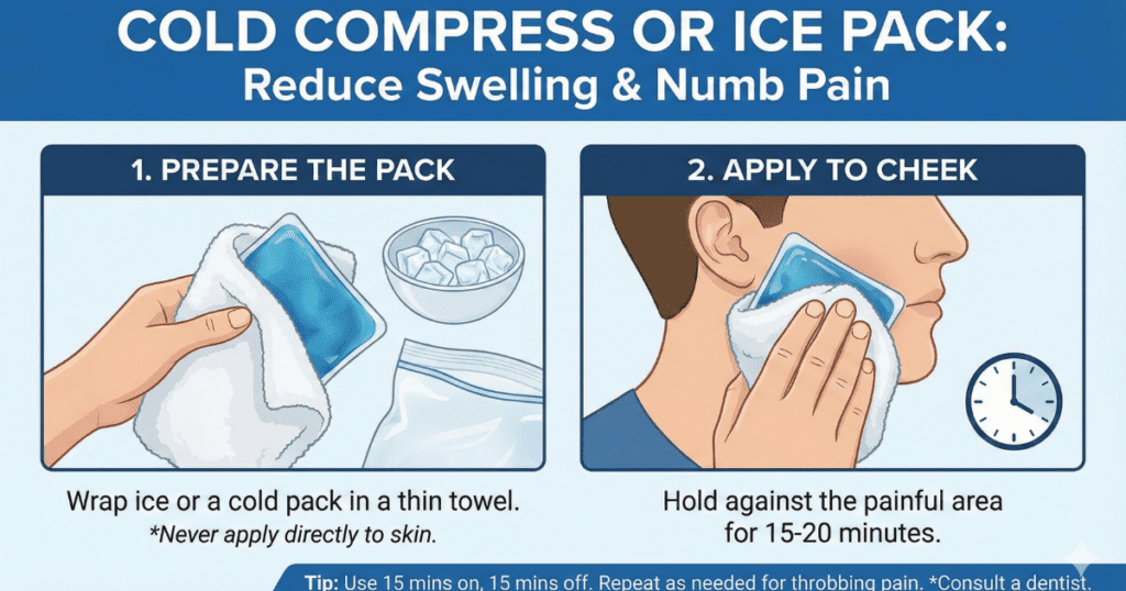 15 Proven Home Remedies for Tooth Pain That Actually Work (Dentist Approved) 5 Person holding a cold compress against their cheek to stop throbbing tooth pain.