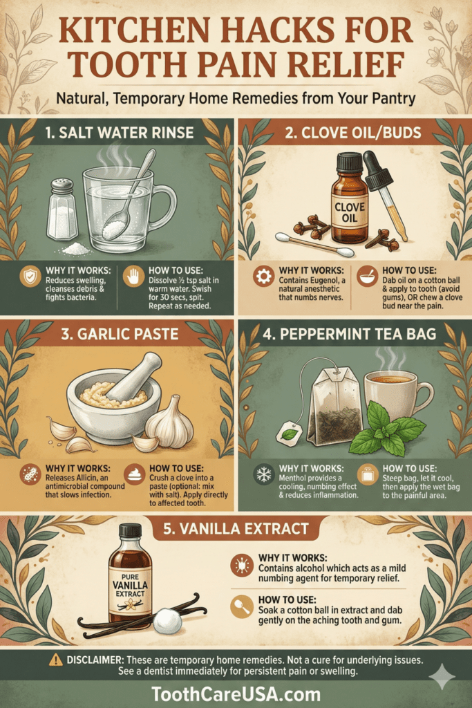 15 Proven Home Remedies for Tooth Pain That Actually Work (Dentist Approved) 6 Infographic showing how to crush garlic to release Allicin for tooth infection relief.