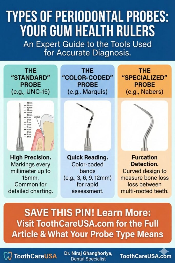 Comparison of different periodontal probes including the UNC-15, color-coded Marquis probe, and the curved Nabers probe.