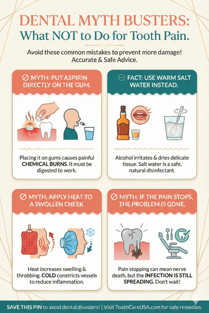 15 Proven Home Remedies for Tooth Pain That Actually Work (Dentist Approved) 11 Infographic pin titled "Dental Myth Busters: What NOT to Do for Tooth Pain," illustrating four common dental mistakes to avoid: putting aspirin directly on gums (causes chemical burns), swishing with strong alcohol (irritates tissue), applying heat to a swollen cheek (increases swelling), and assuming the problem is gone if pain stops (could be nerve death). It provides correct alternatives like using salt water, cold compresses, and seeing a dentist immediately.