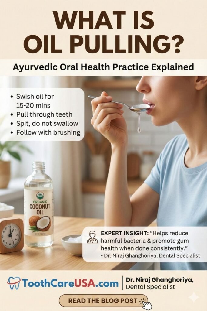 Woman swishing oil in mouth with text "What is Oil Pulling?" and coconut oil bottle.