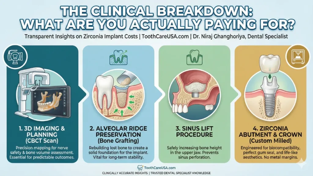 Infographic detailing the 4 medical cost factors: 3D CBCT Imaging, Alveolar Ridge Preservation (Grafting), Sinus Lifts, and Custom Zirconia Abutments.