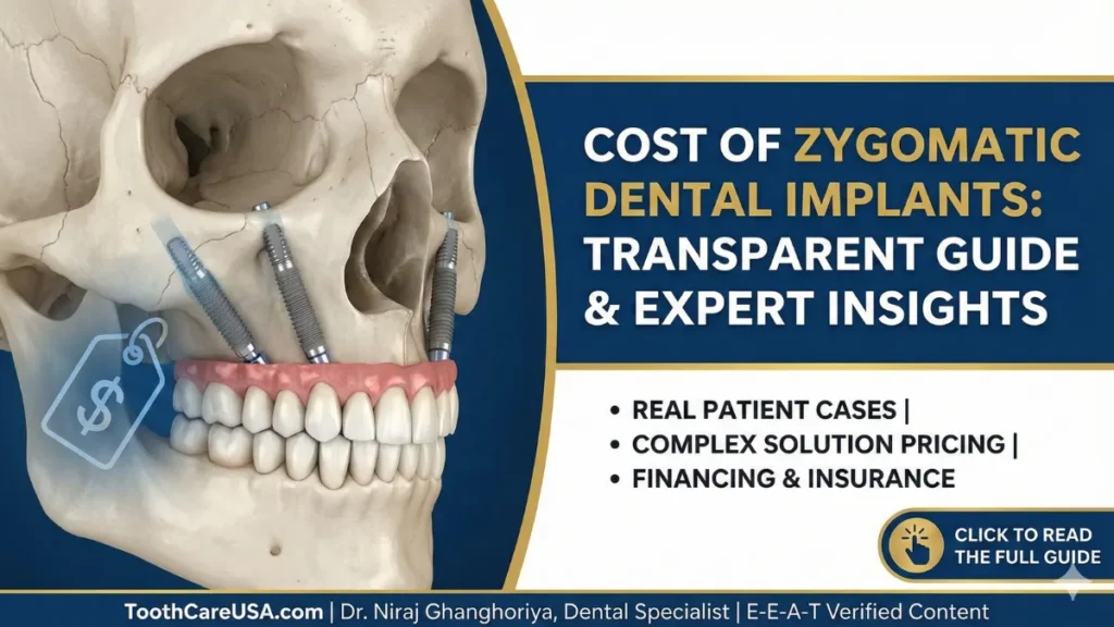 A detailed medical skull model showing Zygomatic implants anchored into the cheekbone, illustrating the solution for severe bone loss and its associated cost.