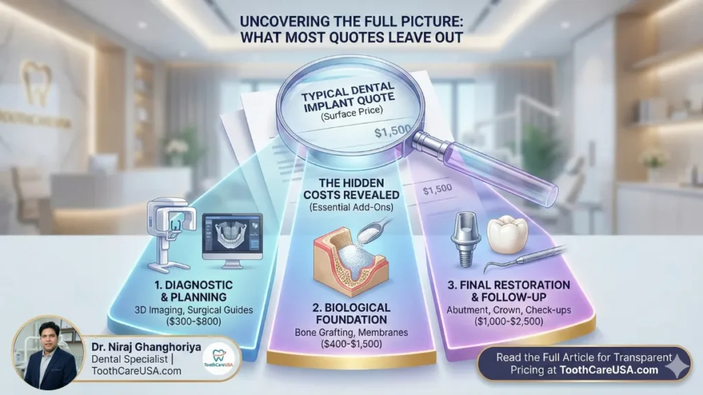 A magnifying glass graphic revealing often-missed fees in dental implant quotes, such as CBCT scans, bone grafting, and sedation, created by ToothCareUSA for patient awareness.