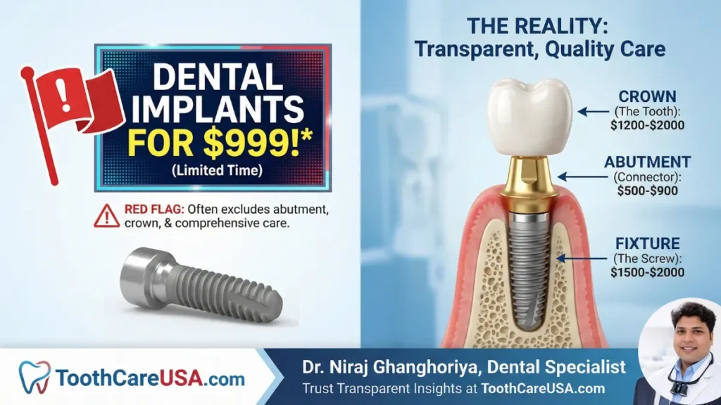 A graphic comparing a cheap "fixture-only" quote versus a complete comprehensive care plan, warning patients about bait-and-switch advertising tactics in dentistry.