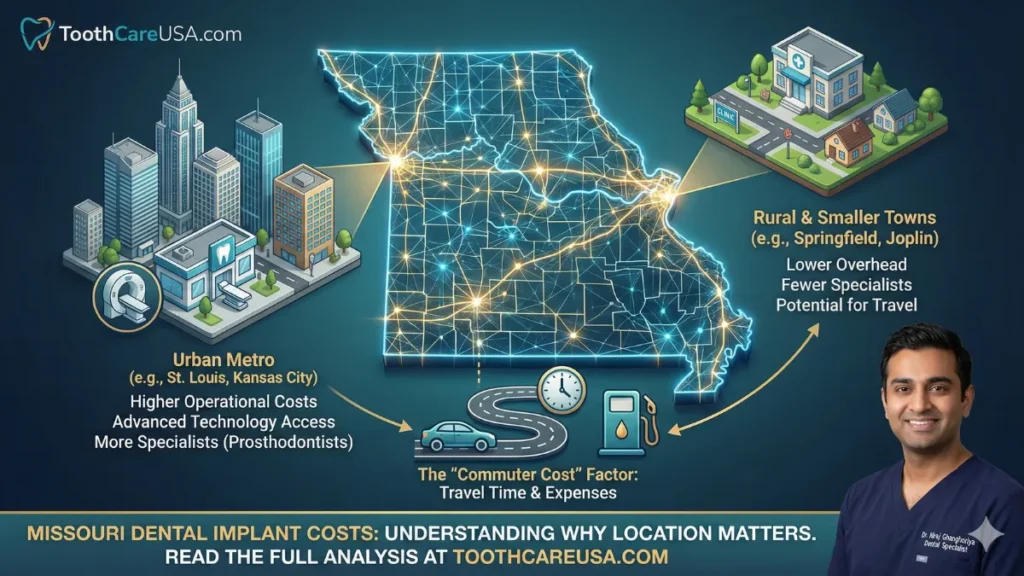 Map of Missouri highlighting dental implant cost differences between metro areas like St. Louis and Kansas City versus rural regions like Springfield and Joplin, including travel time considerations.