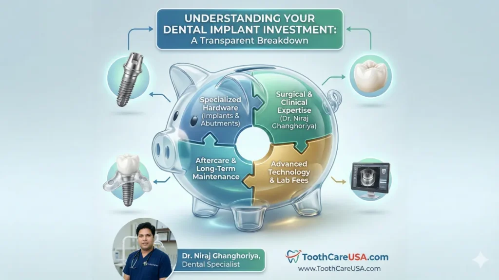 A visual breakdown of the cost of zygomatic dental implants, segmented into specialized hardware, general anesthesia fees, surgical expertise, and laboratory costs for the prosthesis.