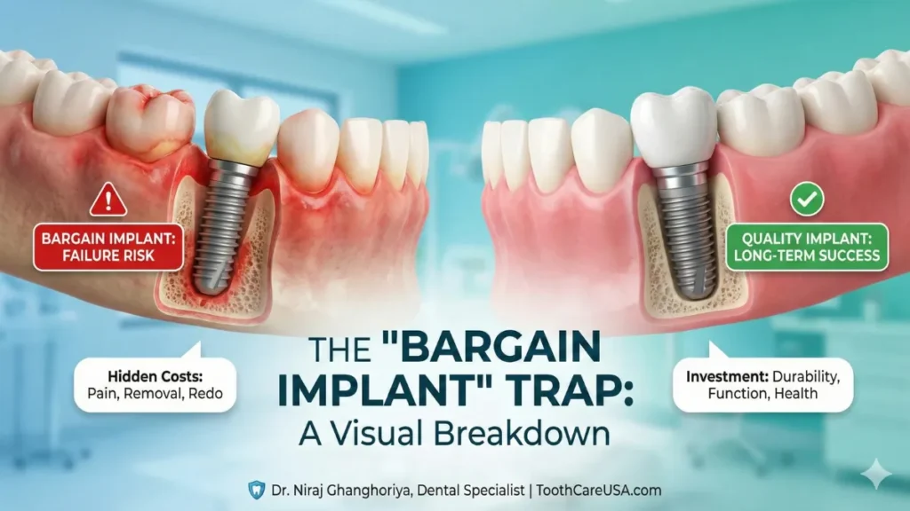 A side-by-side comparison of a healthy premium implant versus a failing cheap implant with red, inflamed gums, highlighting the risks of low dental implant cost offers.