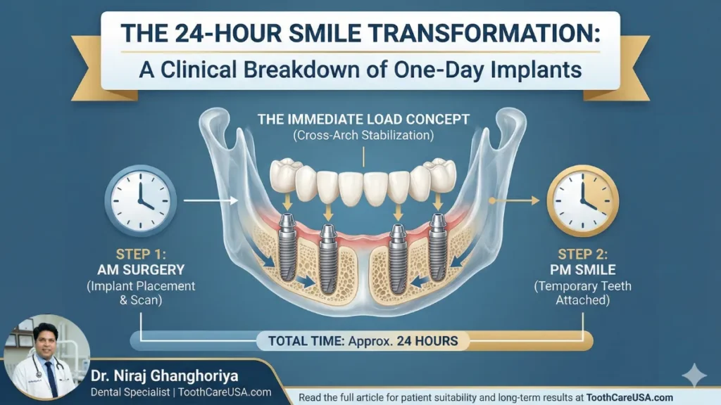Medical diagram illustrating the "Immediate Load Concept" for full mouth implants, showing how four implants provide cross-arch stabilization to support a temporary bridge within a 24-hour period.