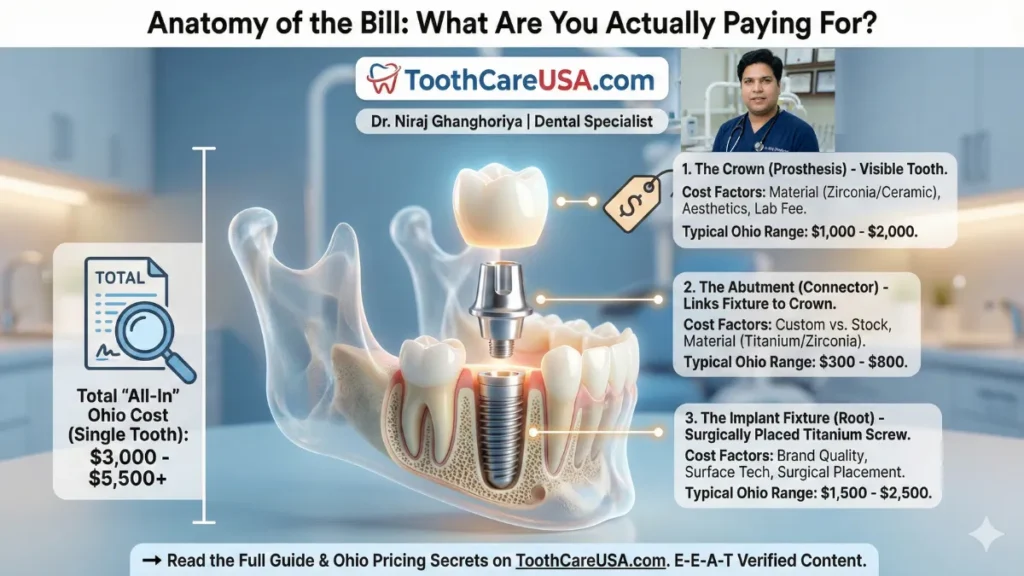 A detailed infographic by Dr. Niraj Ghanghoriya illustrating the cost breakdown of a single dental implant in Ohio, including the fixture ($1,500-$2,500), abutment ($300-$800), and crown ($1,000-$2,000), totaling an average of $3,000-$5,500.