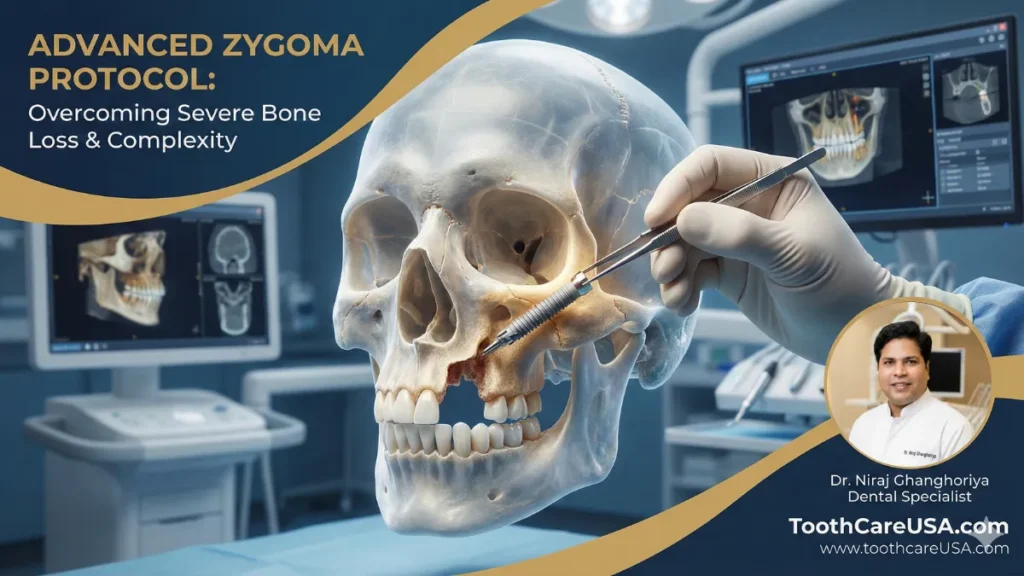 A hyper-realistic medical illustration showing a dental specialist placing a zygomatic implant into the cheekbone (zygoma) of a skull with severe maxillary atrophy, highlighting the solution for patients investigating the cost of zygomatic dental implants.