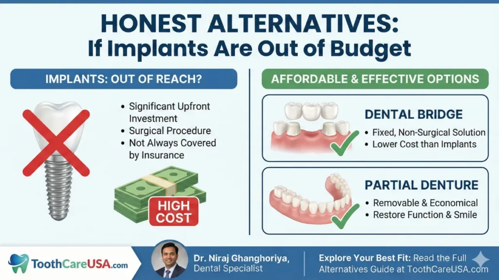 A comparison infographic titled "Honest Alternatives," showing a dental implant marked with a red "High Cost" warning, contrasted against a Dental Bridge and Partial Denture which are labeled as "Affordable & Effective Options" with green checkmarks.