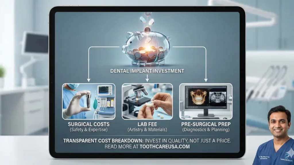 Infographic showing the cost distribution of full mouth dental implants in Missouri, split into three categories: Surgical Safety (IV Sedation), Lab Artistry (Zirconia), and Pre-Surgical Diagnostics (CT Scans).