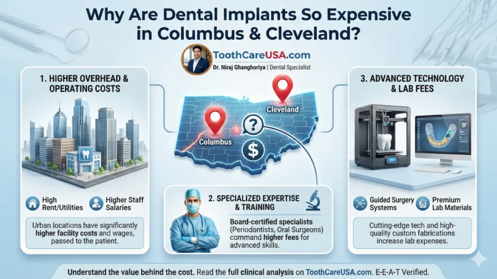 An illustration comparing high overhead costs in Ohio metro areas (Columbus, Cleveland) versus lower costs in rural counties, explaining factors like rent, staff salaries, and lab fees.