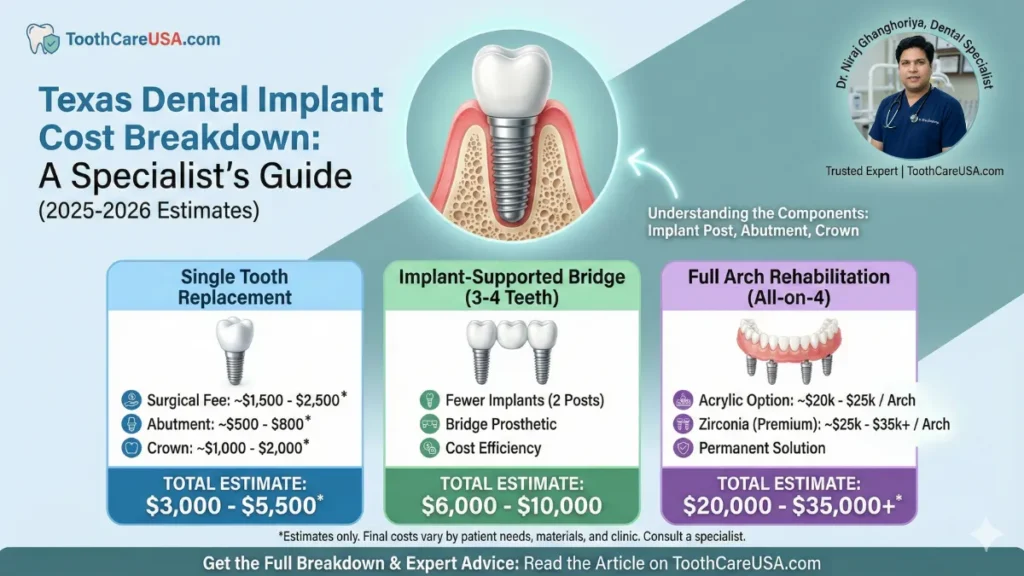 A detailed infographic showing How Much Do Dental Implants Cost in Texas the 2026 cost breakdown of dental implants in Texas, comparing single tooth replacement ($3,500) against full arch rehabilitation ($20,000+), featuring Dr. Niraj Ghanghoriya.