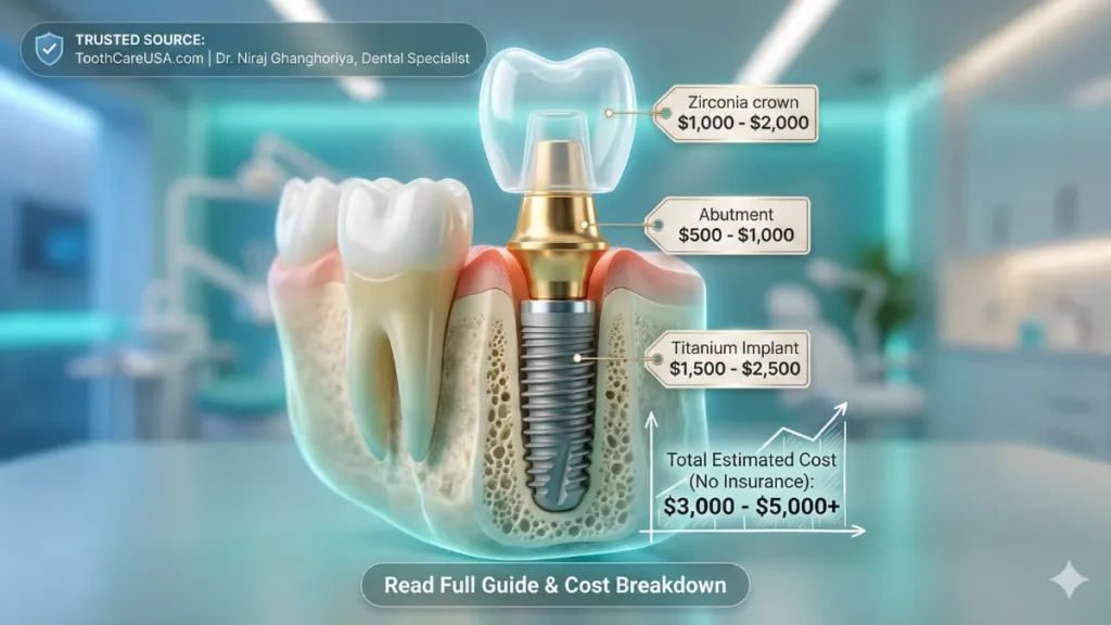 3D illustration showing a dental implant cross-section with a price tag labeled $3,000-$5,000, representing the average dental implant cost without insurance.