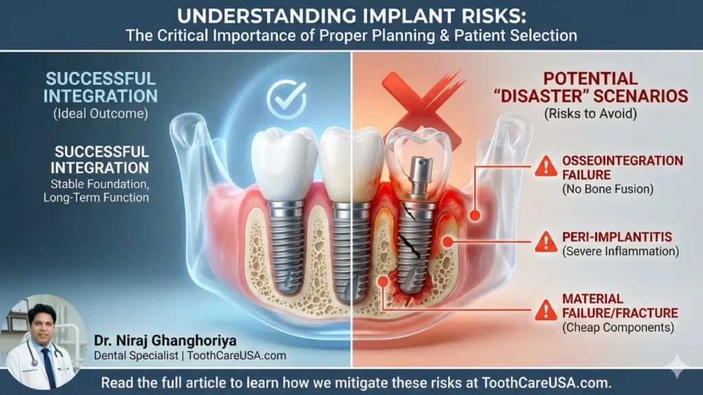 Clinical warning diagram contrasting a healthy integrated implant with a failing one suffering from bone loss and peri-implantitis due to poor planning or low torque.