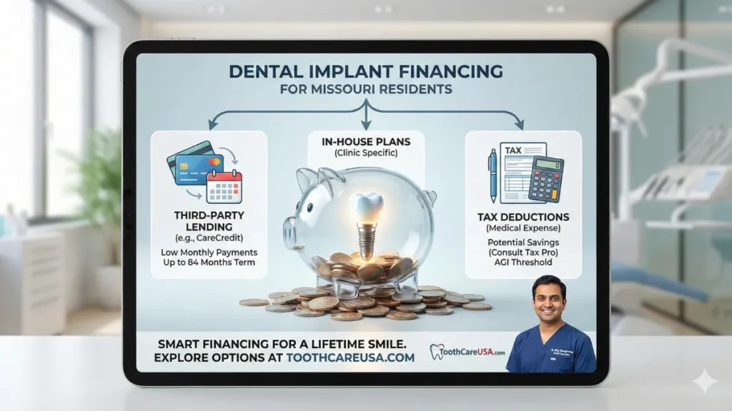 Educational chart displaying financing options for Missouri residents, including third-party lending (CareCredit), in-house dental membership plans, and potential tax deductions for medical expenses.