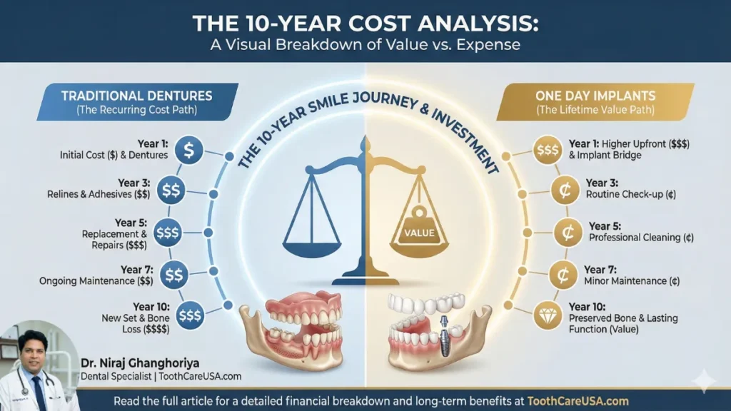 A balance scale chart comparing the recurring high costs of denture maintenance and replacement over 10 years versus the one-time higher investment of dental implants.