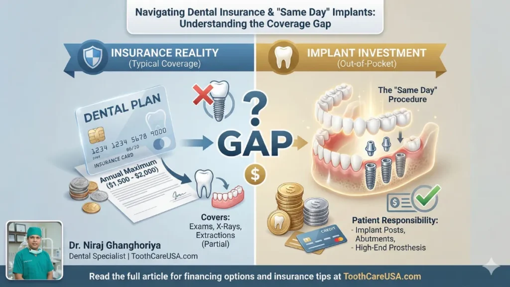 Visual comparison showing the small portion of implant costs covered by insurance versus the patient's out-of-pocket responsibility, helping patients plan their financing.