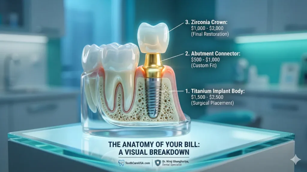 An exploded diagram of a dental implant revealing the three cost components: the titanium post, abutment, and zirconia crown, explaining How Much Does a Dental Implant Cost Without Insurance