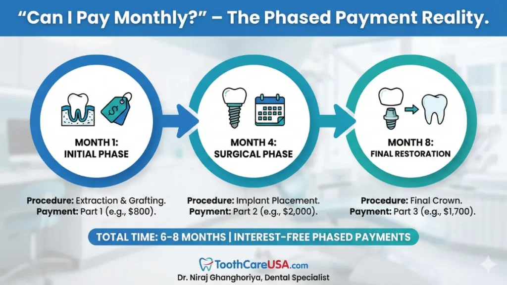 A timeline infographic showing how the dental implant cost is split over 4-8 months across extraction, surgery, and restoration phases to make payments manageable.