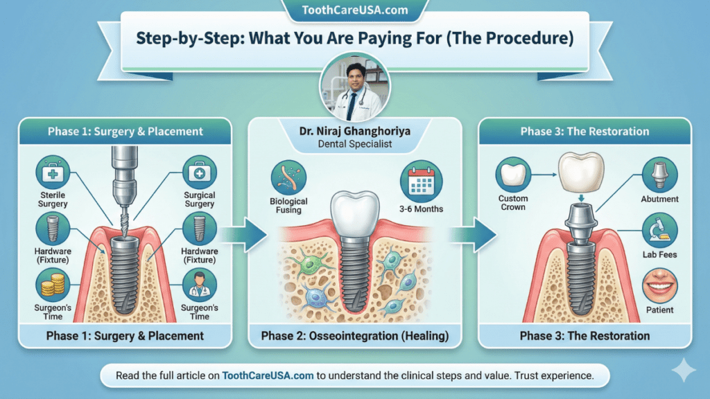 The 3 Stages of Dental Implant Treatment Three-phase medical illustration of the dental implant process: 1. Surgical placement of the fixture, 2. Osseointegration healing period, 3. Final restoration with abutment and crown.
