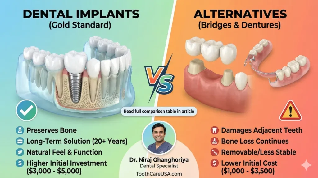 A comparison showing how bridges damage healthy teeth and dentures cause bone loss, while implants preserve bone, justifying the higher dental implant cost without insurance.