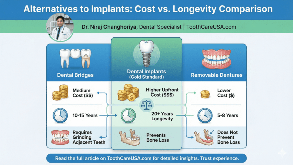 Implants vs. Bridges vs. Dentures: Cost & Longevity Chart comparing cost, longevity, and bone preservation benefits of dental implants versus dental bridges and removable dentures.