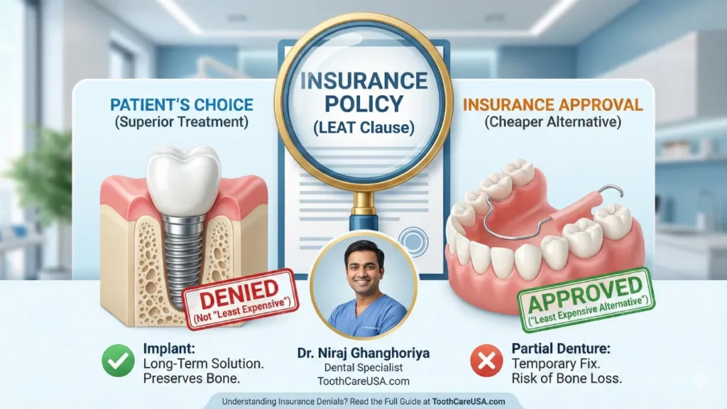 An infographic explaining the "Least Expensive Alternative Treatment" (LEAT) clause, showing why insurance often covers dentures but denies the dental implant cost.