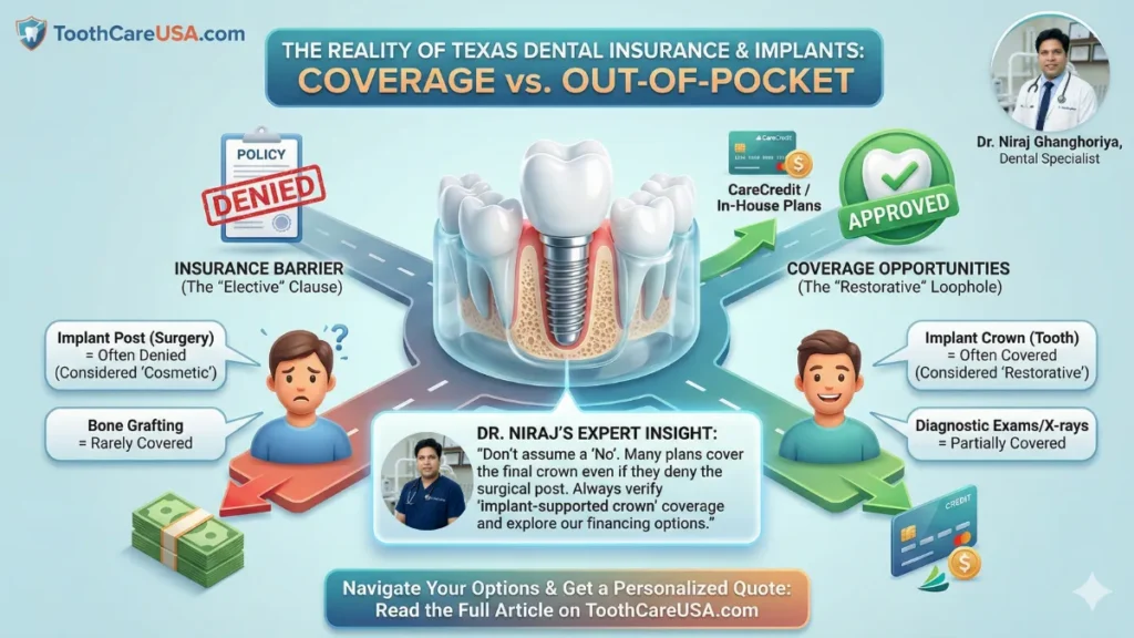 Flowchart explaining dental insurance coverage in Texas, distinguishing between the "Elective" denial for surgery and the "Restorative" coverage for crowns, with financing options like CareCredit.