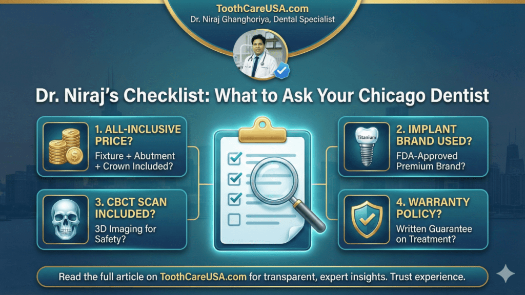 Dr. Niraj's Patient Consultation Checklist Dr. Niraj Ghanghoriya's checklist for Chicago patients, featuring essential questions about all-inclusive pricing, implant brands, CBCT scans, and warranty policies.