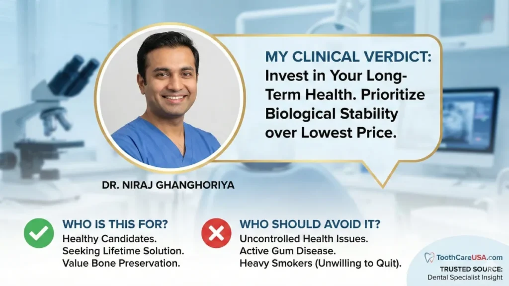 Dr. Niraj Ghanghoriya offering his professional verdict on whether the dental implant cost without insurance is a worthy investment for long-term health.