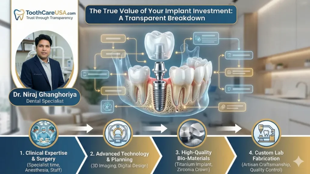 Detailed flowchart infographic by Dr. Niraj Ghanghoriya showing the specific cost components of a dental implant, including the titanium post, abutment, surgeon fees, and lab fabrication.