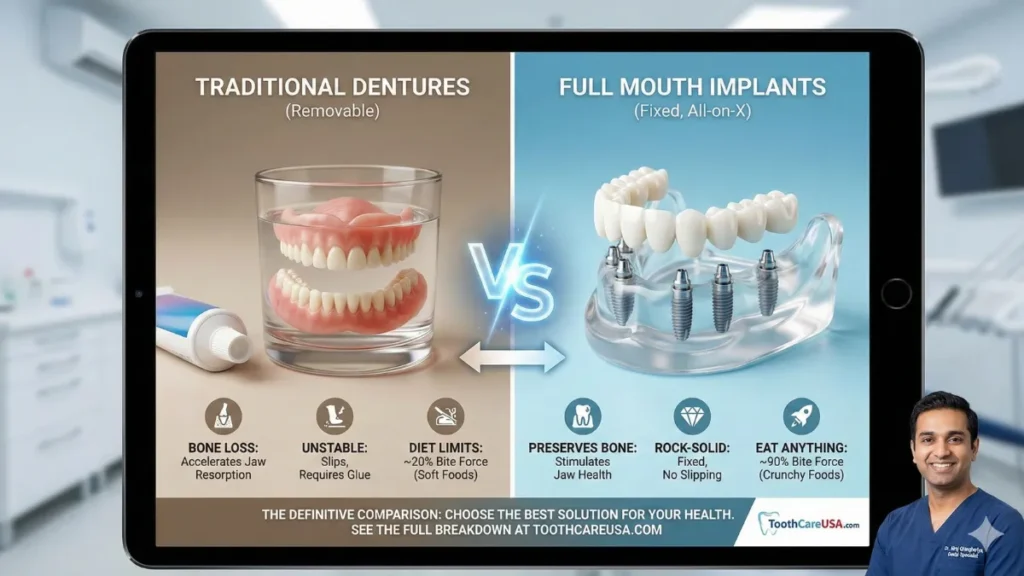Side-by-side comparison table showing the differences between traditional removable dentures and fixed full mouth implants regarding bite force, bone preservation, and long-term cost in Missouri.