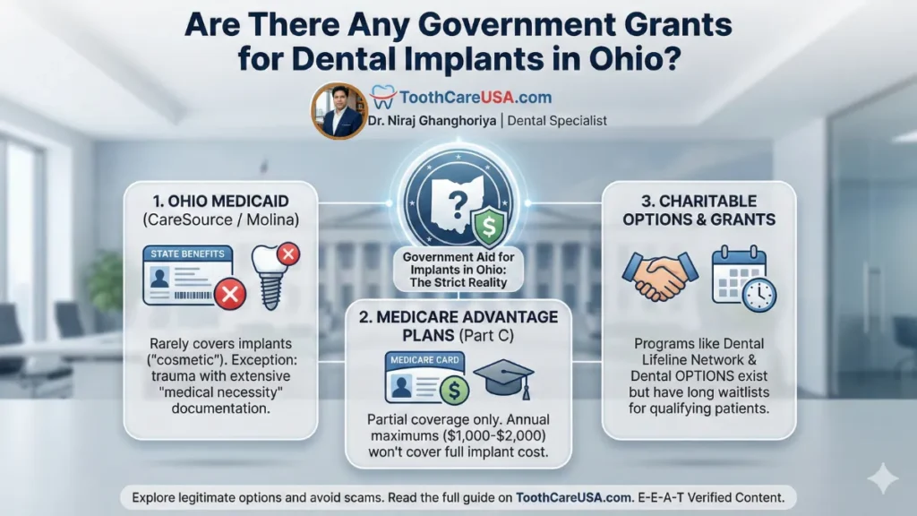 A guide to financial assistance for dental implants in Ohio, featuring logos for Medicaid (CareSource/Molina) and Medicare Advantage, explaining strict "medical necessity" coverage limitations.