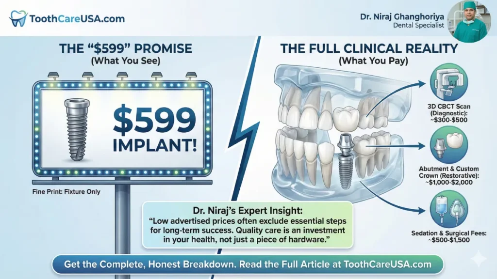 A side-by-side comparison revealing the hidden costs of "cheap" dental implants in Texas; displaying a billboard promising $599 versus the clinical reality of missing CT scans, sedation fees, and crown costs.