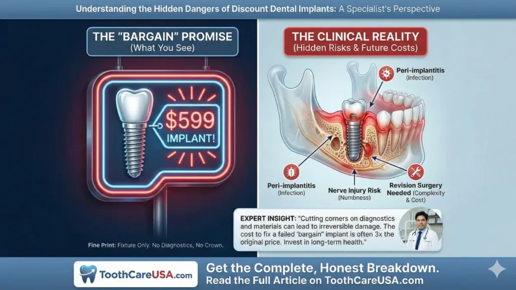 A split-screen infographic titled "Understanding the Hidden Dangers of Discount Dental Implants." The left side depicts a neon sign promising a "$599 Implant" with fine print excluding diagnostics. The right side illustrates "The Clinical Reality," showing a cross-section of a jaw with risks labeled: peri-implantitis infection, nerve injury, and costly revision surgery. Features a warning from Dr. Niraj Ghanghoriya about the 3x cost of fixing failed implants.