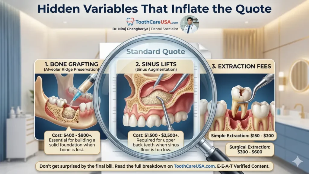 A "magnifying glass" graphic revealing hidden dental costs often excluded from initial quotes: Bone Grafting (Alveolar Ridge Preservation), Sinus Lifts (Sinus Augmentation), and Surgical Extractions.