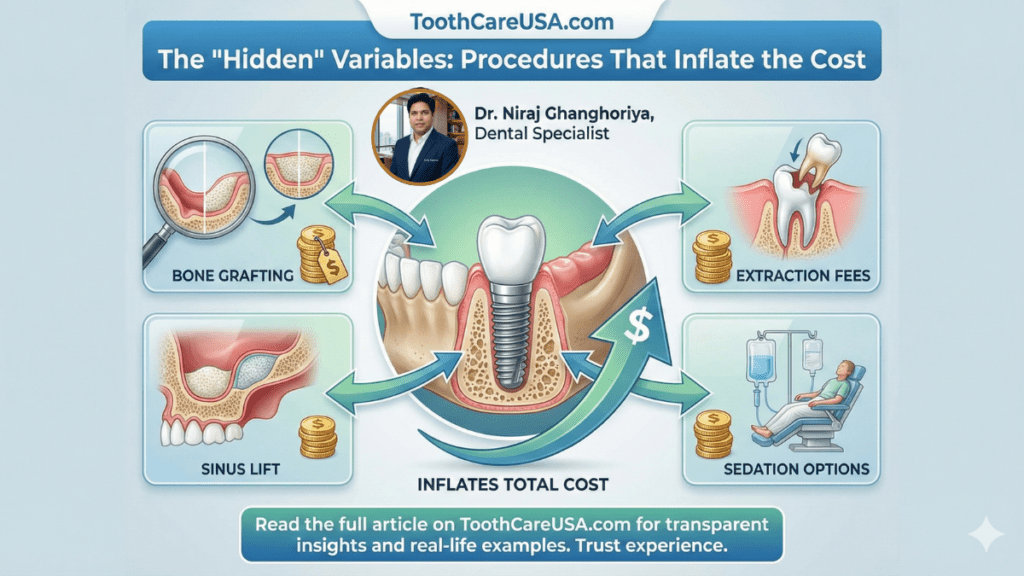 Dental Implant Cost Chicago: The 2026 Price Guide & Hidden Fees S1A5 4 Medical illustration detailing hidden dental implant costs, featuring cross-sections of alveolar ridge resorption requiring bone grafting and sinus augmentation procedures.