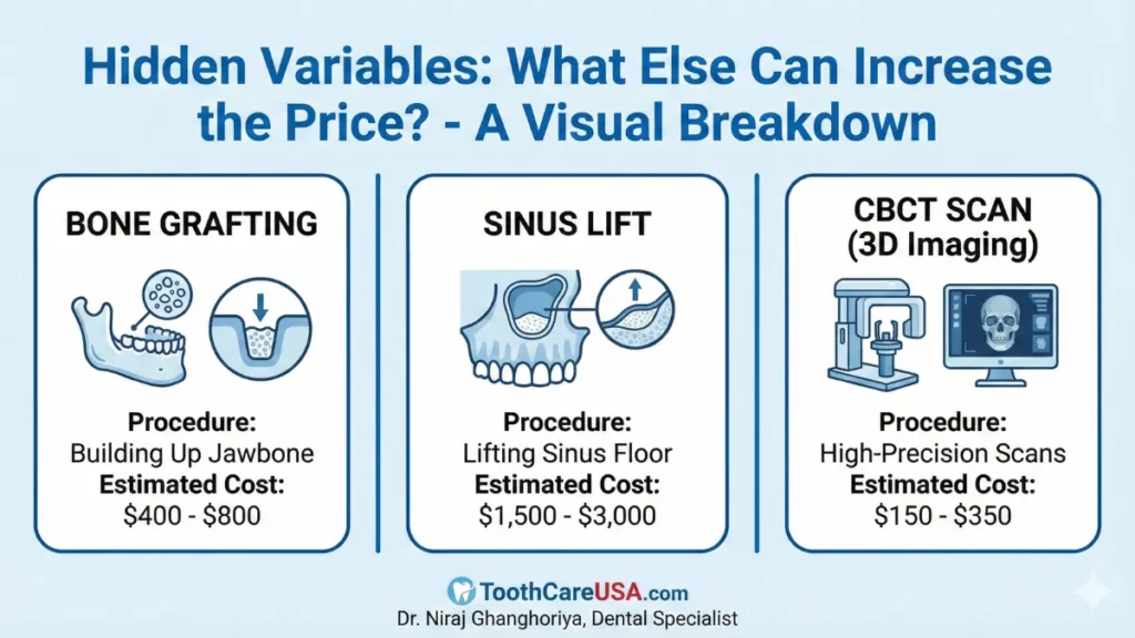 Medical illustrations of bone grafting and sinus lift procedures, which are common hidden factors increasing the final dental implant cost without insurance.