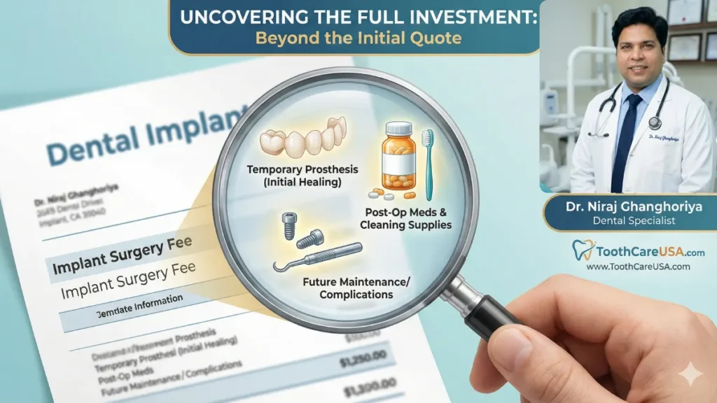 A magnifying glass highlighting often-overlooked expenses in the total cost of zygomatic dental implants, such as temporary teeth, maintenance tools, and post-op medication.