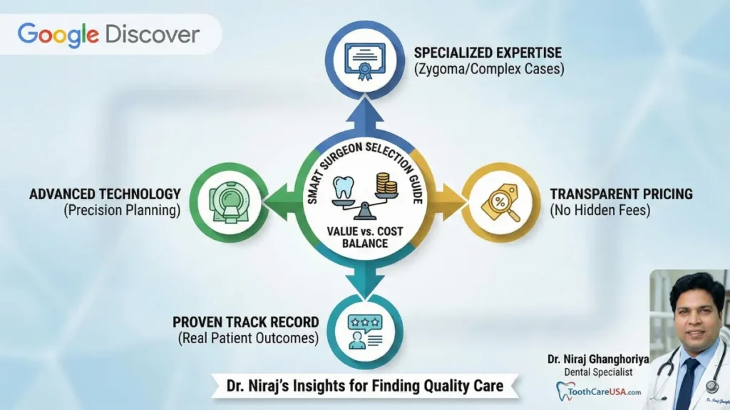 A strategic guide for patients on selecting a surgeon for zygomatic implants, prioritizing "ZAGA" expertise and proven track records over the lowest cost of zygomatic dental implants.